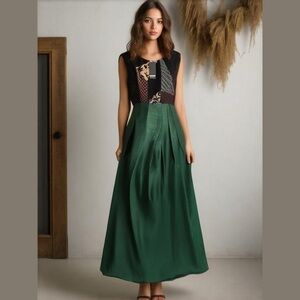 Pink Square Emerald Green Floral Print A-Line Sleeveless Full Length Dress